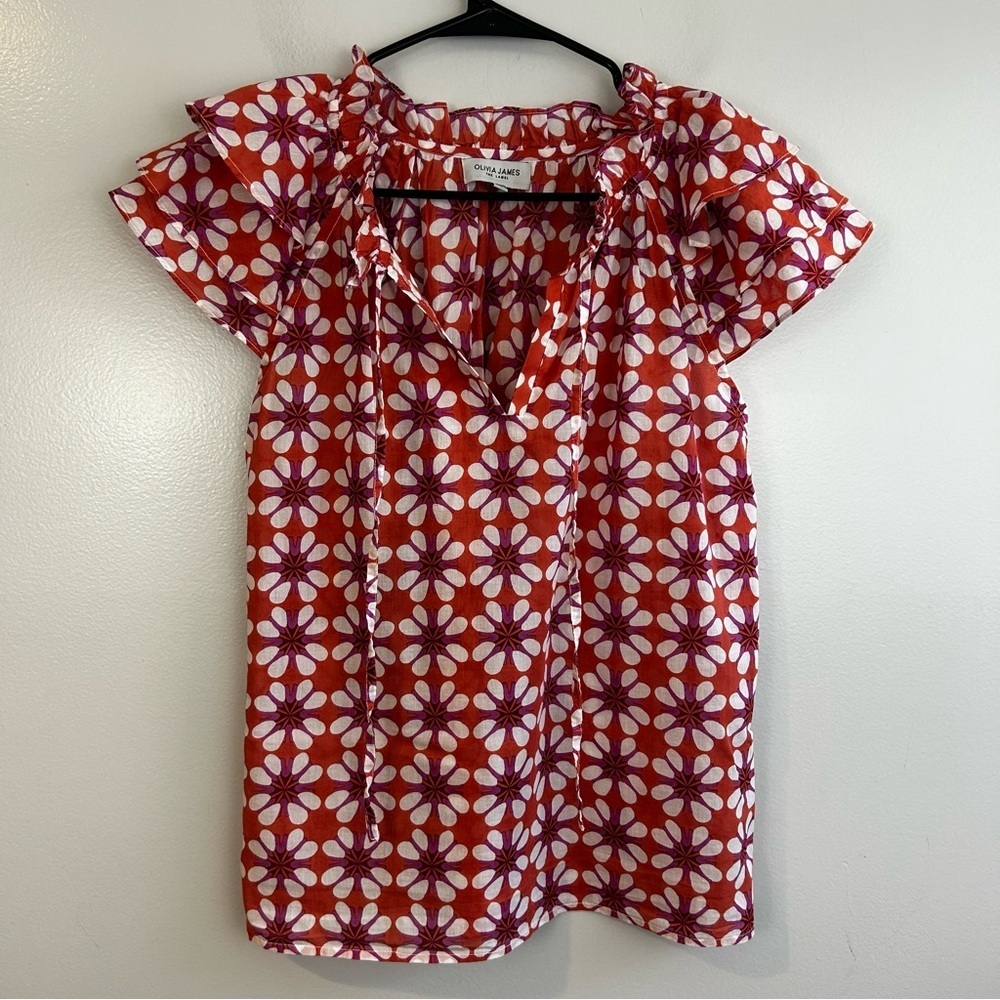Olivia James Floral Orange/Red V-Neck 100% Cotton Ruffle Cap Sleeve Top Size XS